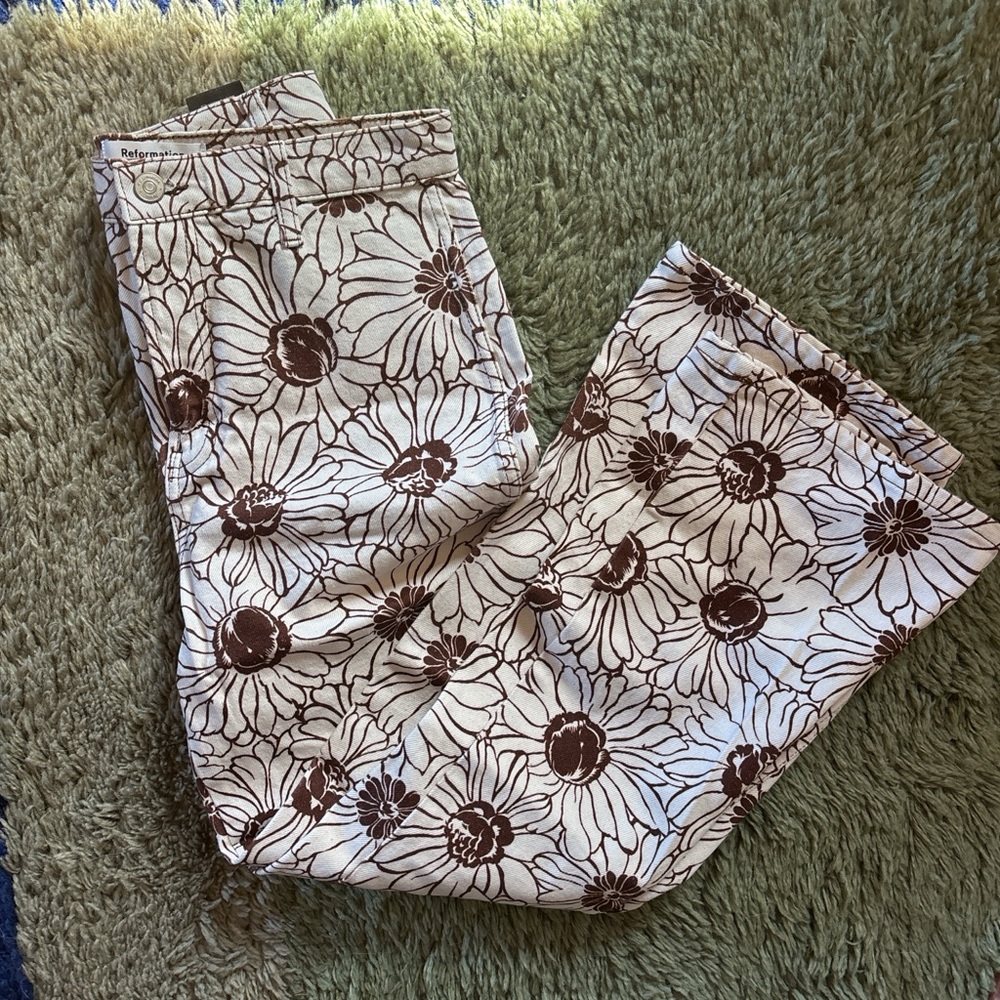 Reformation Cream and Brown Floral Jeans